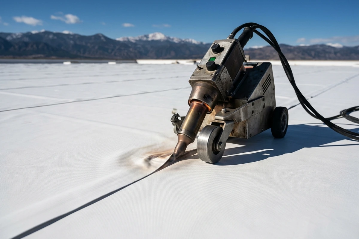 Robotic hot-air welding of a reflective white TPO commercial roof membrane in Colorado Springs
